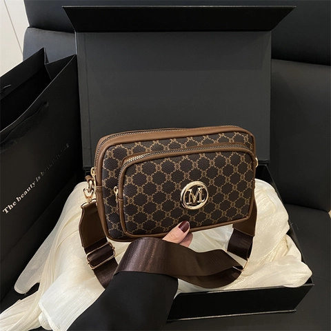 Vintage Monogram Print Crossbody Bag PU Leather Double Zipper Camera Bag Wide Webbed Strap Retro Style For Women