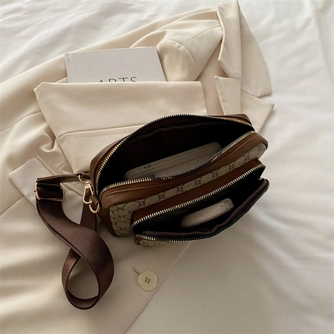 Vintage Monogram Print Crossbody Bag PU Leather Double Zipper Camera Bag Wide Webbed Strap Retro Style For Women