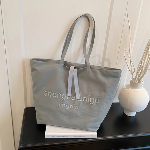 Große Kapazität Canvas Tote Bag Bestickte Buchstaben Reißverschluss Lässige Schulter Handtasche Für Damen Schule Pendeln