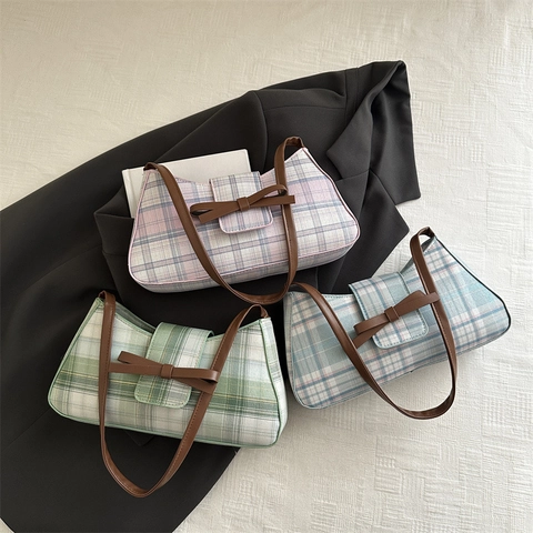 Borsa Sottobraccio Vintage a Quadretti per Donna Decorazione Fiocco Pelle PU Piccola Borsa a Tracolla Moda Baguette