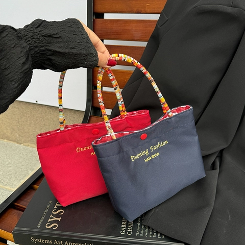 Mini Bolso De Mano Para Mujer Asa Tejida Colorida Color Contrastante Pequeño Bolso De Nailon Viaje Informal