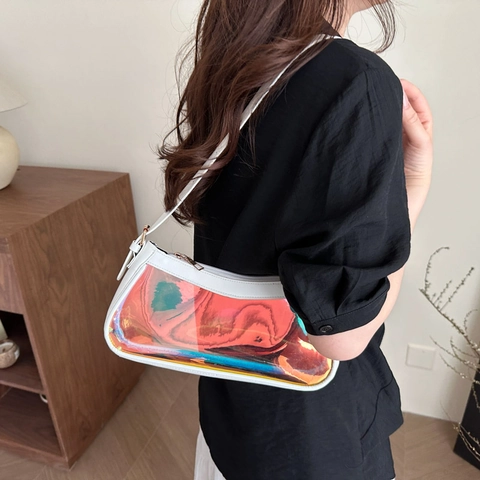 Damen Irisierende Holografische Transparente PVC Achseltasche Trendige Laser Baguette Tasche Mit PU Lederbesatz