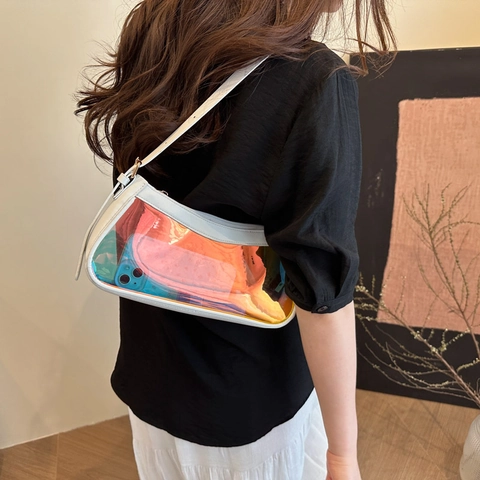 Borsa a Tracolla in PVC Trasparente Olografica di Tendenza per Donna Borsa Sottobraccio Laser Iridescente Borsa Moda Chic Quadrata