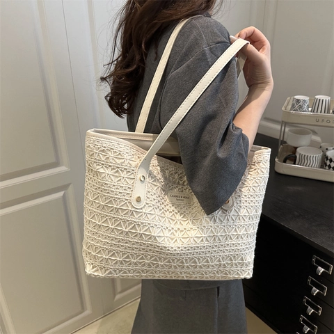 Zomer Dames Stro Geweven Gehaakte Tote Bag Ajour Schoudertas Onderarm Tas Voor Vakantie Dagelijks Met Nylon Voering Grote Capaciteit