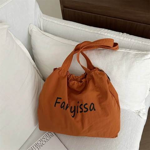 Lightweight Nylon Tote Bag Drawstring Closure Letter Print Large Capacity Casual Student Shoulder Handbag