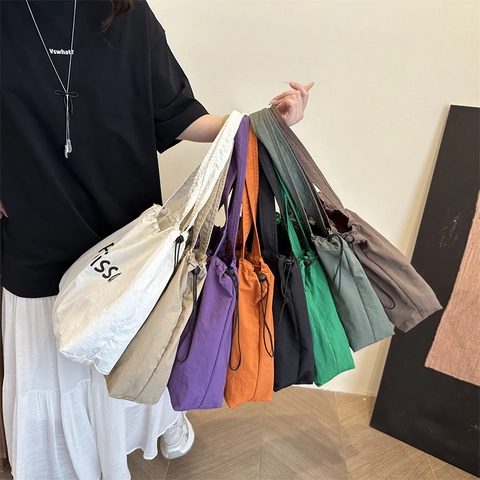 Lightweight Nylon Tote Bag Drawstring Closure Letter Print Large Capacity Casual Student Shoulder Handbag