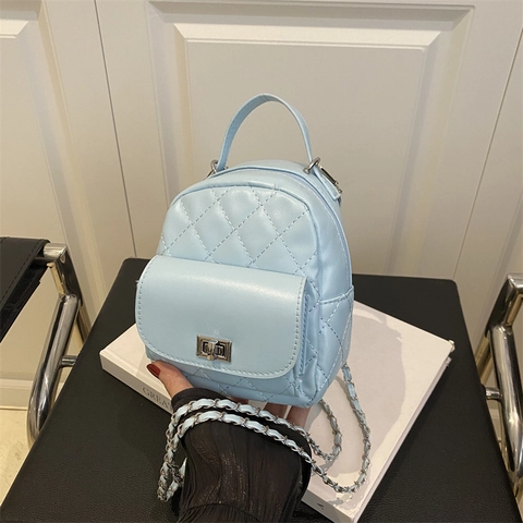 Quilted PU Leather Mini Backpack For Women Fashion Solid Color Small Shoulder Bag With Chain Strap Daily Casual Handbag
