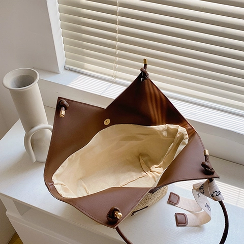 Woven Straw Tote Bag Large Capacity Shoulder Handbag V Shape Opening PU Leather Trim Summer Beach Vacation For Women