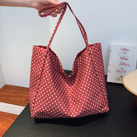 Retro Rot Weiß Polka Dot Canvas Tote Bag Große Kapazität Lässige Schulter Handtasche Für Frauen Studenten Schule Alltag