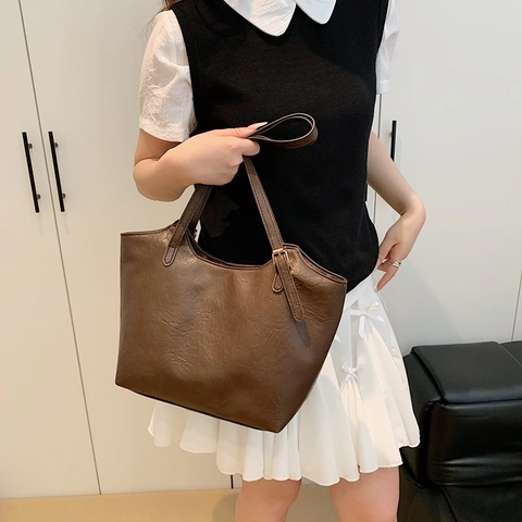 Large Capacity Tote Bag Women Crinkle Texture PU Leather Minimalist Shoulder Handbag For Work And Daily Use
