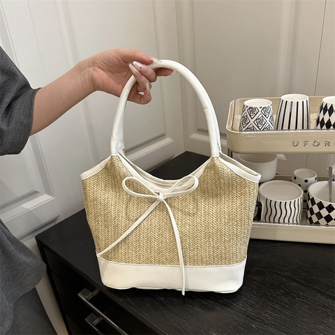 Stroh Gewebte Tragetasche Damen Sommer Strand Schultertasche Kunstleder Patchwork Schleife Detail Lässige Große Handtasche