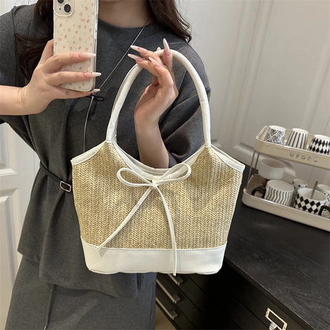 Stroh Gewebte Tragetasche Damen Sommer Strand Schultertasche Kunstleder Patchwork Schleife Detail Lässige Große Handtasche