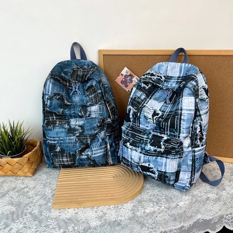 Zaino In Denim Vintage Patchwork Grande Capacità Bordi Sfilacciati Streetwear Stile College Scuola Viaggio Unisex