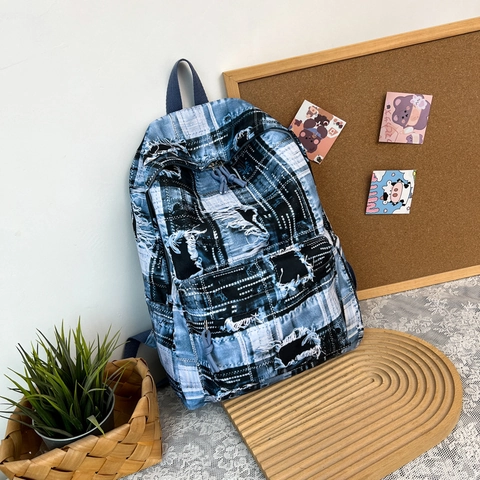Zaino In Denim Vintage Patchwork Grande Capacità Bordi Sfilacciati Streetwear Stile College Scuola Viaggio Unisex