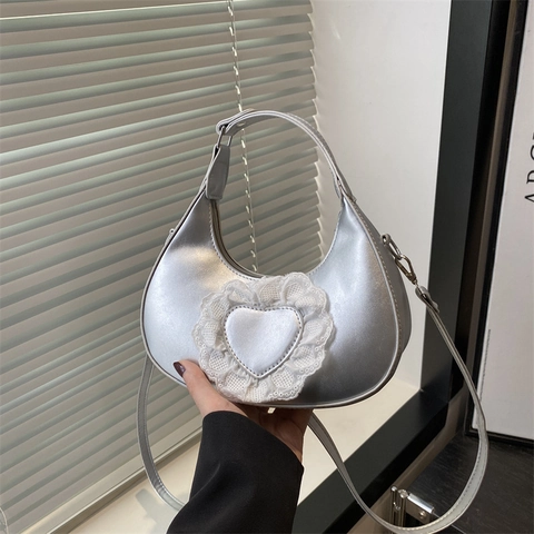 Borsa a Mezzaluna Donna con Pizzo a Cuore Pelle PU Moda Dumpling Borsa a Tracolla Argento Rosa Nero Bianco Mini Borsa