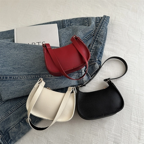 Women Minimalist PU Leather Litchi Pattern Small Square Shoulder Bag Vintage Half Moon Underarm Bag Fashion Handbag For Ladies Daily Use