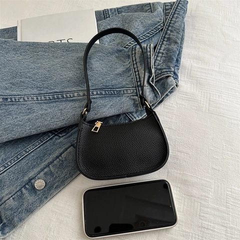 Women Crescent Underarm Bag PU Lychee Grain Solid Color Fashion Mini Single Shoulder Handbag