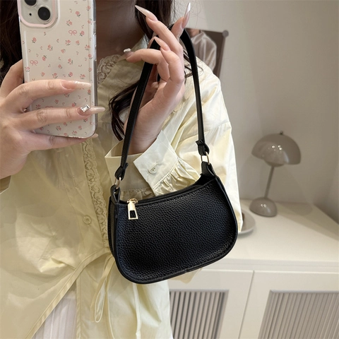 Mini Baguette Underarm Bag Women PU Lychee Pattern Leather Retro Small Shoulder Handbag Solid Color