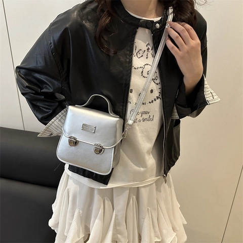 Borsa A Tracolla Retrò In Pelle PU Donna Borsa A Mano Quadrata Piccola Con Fibbia In Metallo Argentato Patta Versatile