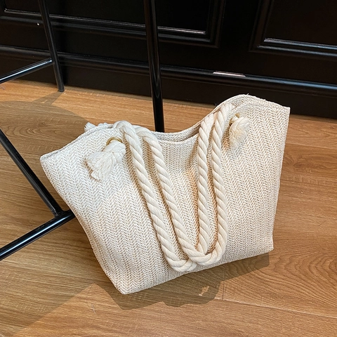 Straw Woven Tote Bag With Cotton Rope Handle Pompom Decor Summer Beach Vacation Shoulder Bag For Women Zipper Closure