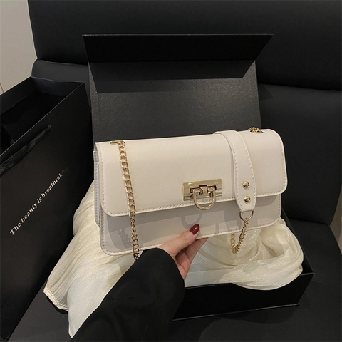Retro Kleine Quadratische Umhängetasche PU Leder Goldener Metallverschluss Kettenriemen Rechteckige Schultertasche Damen