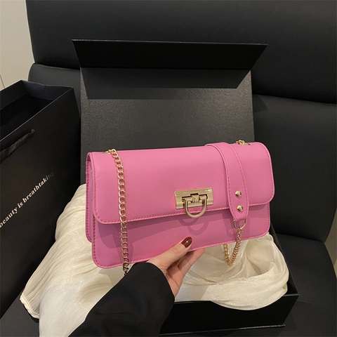 Retro Kleine Quadratische Umhängetasche PU Leder Goldener Metallverschluss Kettenriemen Rechteckige Schultertasche Damen