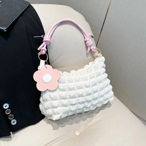 Popcorn Bubble Texture Underarm Bag Women Nylon Knot Strap Shoulder Handbag With Flower Charm Trendy Sweet Casual