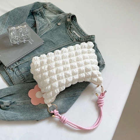 Popcorn Bubble Texture Underarm Bag Women Nylon Knot Strap Shoulder Handbag With Flower Charm Trendy Sweet Casual