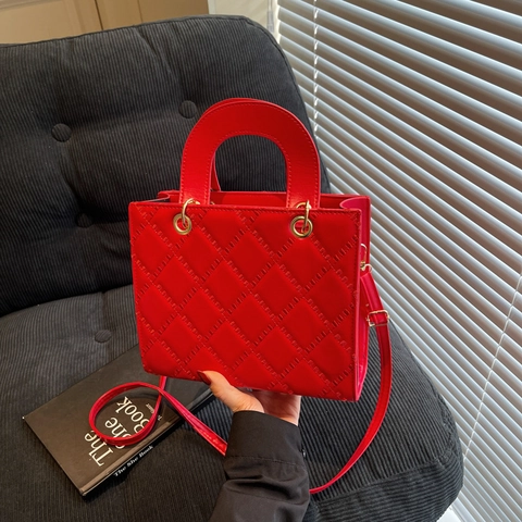 Fashion Women Quilted PU Leather Crossbody Bag Rhombic Thread Square Handbag With Top Handle Golden Hardware Daily Purse