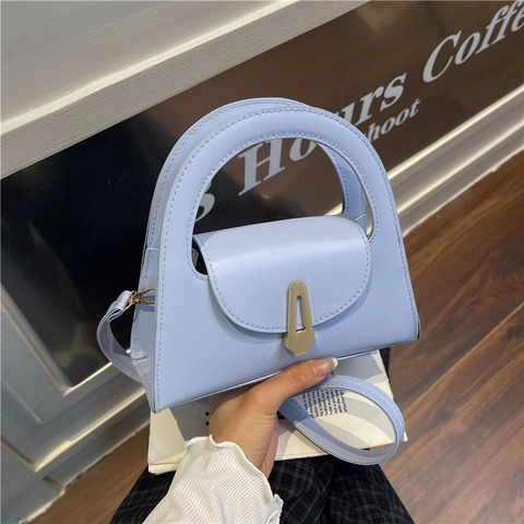 Women Retro PU Leather Handbag Semi Circular Handle Minimalist Trapezoid Crossbody Bag With Adjustable Strap Metal Lock