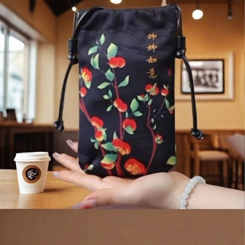 Chinese Style Retro Floral Print Crossbody Mini Bag Nylon Drawstring Small Phone Pouch Portable For Women