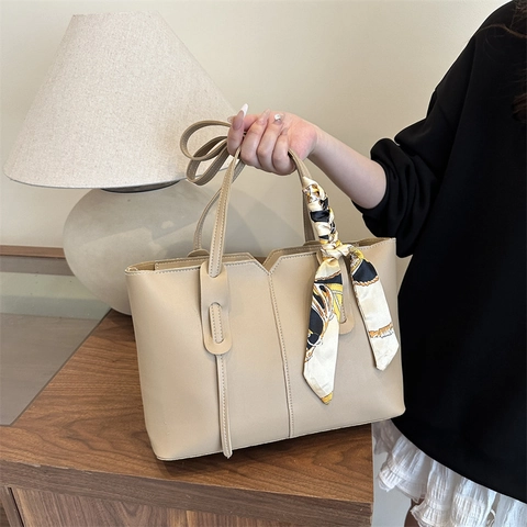 Women Large Capacity Tote Bag PU Leather Handbag With V-Shaped Opening Contrast Stitching And Decorative Printed Satin Scarf
