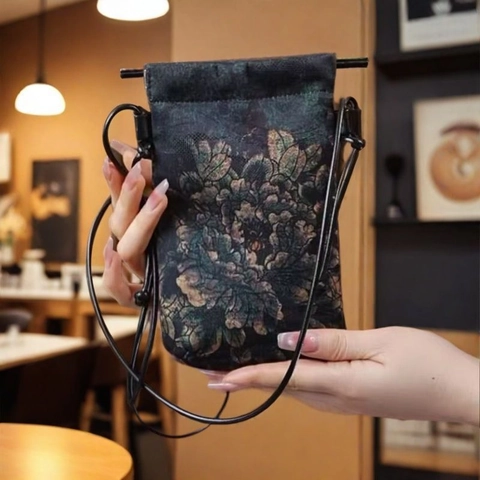 Chinese Style Retro Floral Print Crossbody Mini Bag Nylon Drawstring Small Phone Pouch Portable For Women