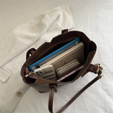 Women Large Capacity Tote Bag PU Leather Handbag With V-Shaped Opening Contrast Stitching And Decorative Printed Satin Scarf