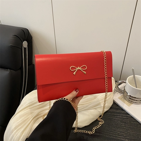 Women Envelope Crossbody Bag PU Leather Golden Bow Metal Buckle Chain Strap Minimalist Small Square Purse Clutch