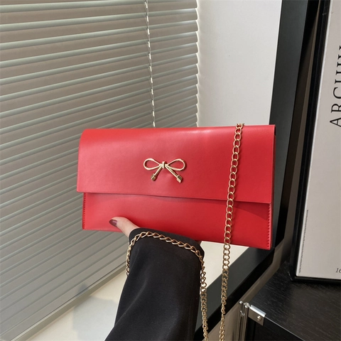 Women Envelope Crossbody Bag PU Leather Golden Bow Metal Buckle Chain Strap Minimalist Small Square Purse Clutch