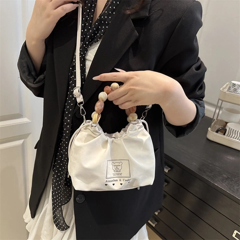 Fashion Women Beaded Handle Bucket Bag PU Leather Cartoon Bear Print Pleated Shoulder Crossbody Bag Casual Handbag For Daily Use