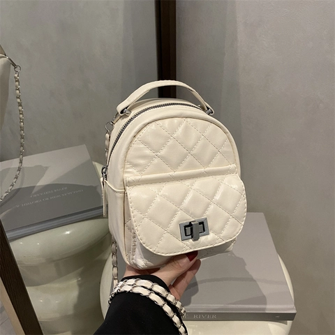 Women's Fashion Quilted Mini Backpack PU Leather Rhombic Chain Strap Turn Lock Small Travel Bag Versatile Satchel Daypack