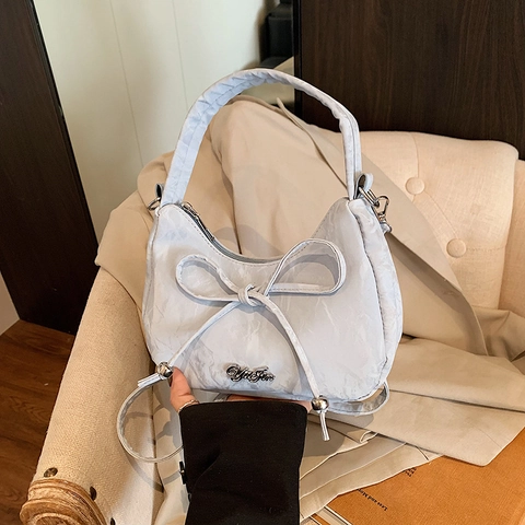 Borsa A Tracolla Donna Pelle PU Pieghe Decorazione Fiocco Forma Mezzaluna Versatile Dolce Pendolare Moda Ragazze