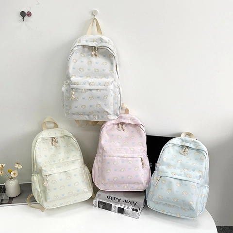 Cartoon Cat Bow Knot Pattern Backpack Girls Lightweight Nylon School Bag Large Capacity Student Daypack Fresh Style Travel