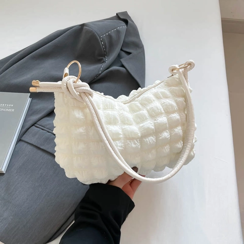 Women Shoulder Underarm Bag Bubble Texture Pleated Nylon Soft Fashion Knot Strap Metal Ring Zip Closure