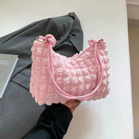 Women Shoulder Underarm Bag Bubble Texture Pleated Nylon Soft Fashion Knot Strap Metal Ring Zip Closure