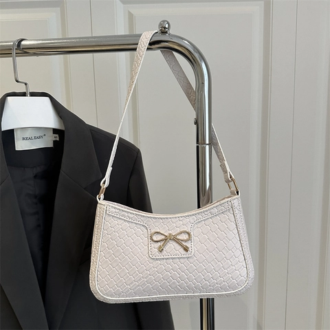 Borsa Sottobraccio Baguette Da Donna Pelle PU Motivo Intrecciato Fiocco Dorato Decorazione Retro Moda Borsa A Spalla