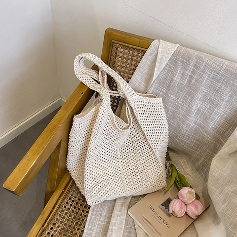 Borsa Tote In Maglia Di Nylon Uncinetto Svuotata Grande Capacità Estate Spiaggia Borsa Da Ascella A Mano Per Donne Casual