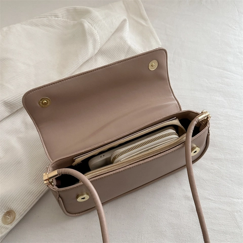 Bolso Baguette Minimalista De Cuero PU Para Mujer Color Sólido Con Solapa Cierre Magnético Bolso Cuadrado Pequeño