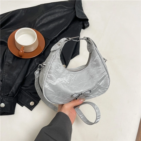 Crescent Hobo Bag For Women With Metal Bow Decor Metallic Crinkled PU Leather Adjustable Strap Crossbody Shoulder Bag