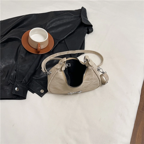 Crescent Hobo Bag For Women With Metal Bow Decor Metallic Crinkled PU Leather Adjustable Strap Crossbody Shoulder Bag