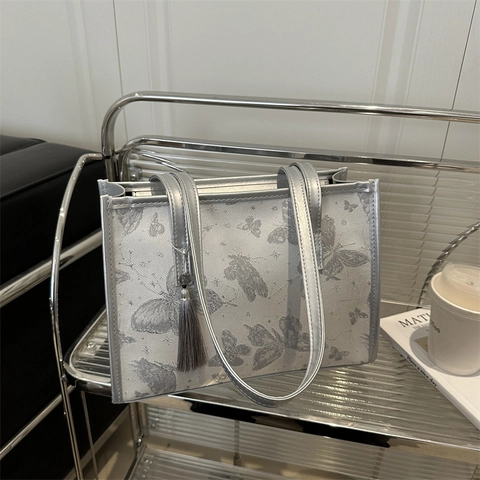 Borsa Tote Da Donna Stampa Farfalla Metallico Argento Bianco Pelle PU Grande Capacità Borsa A Spalla Con Nappina Elegante
