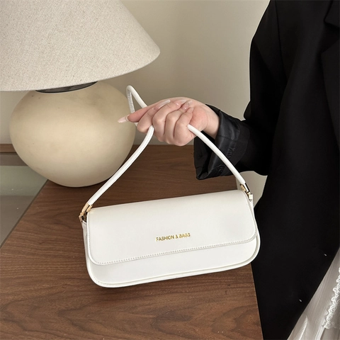 Women PU Leather Baguette Underarm Shoulder Bag Small Square Flap Handbag With Letter Print Solid Color Retro