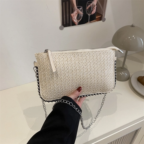 Damen Stroh Gewebte Umschlag Umhängetasche Mit Metallkette Silberperlen Besatz Kleine Sommer Strand Schultertasche